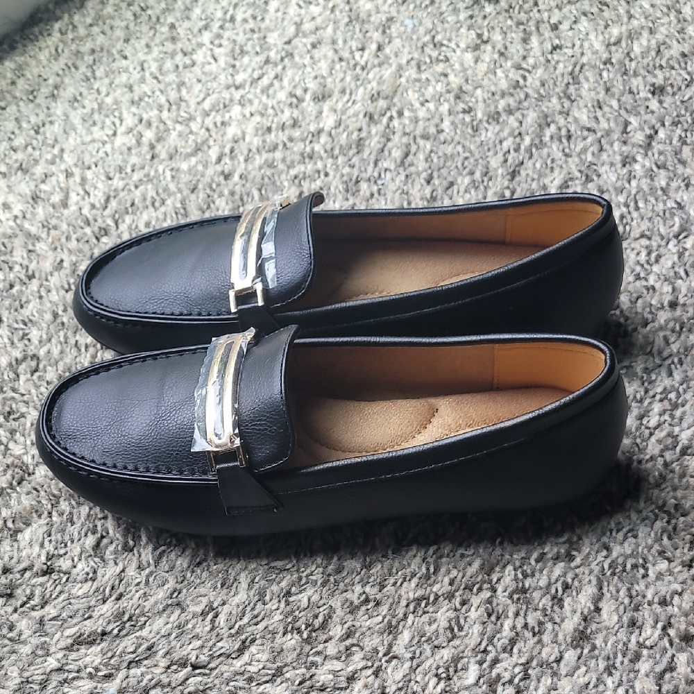 Elegant Black Loafers with Gold Accent size 5